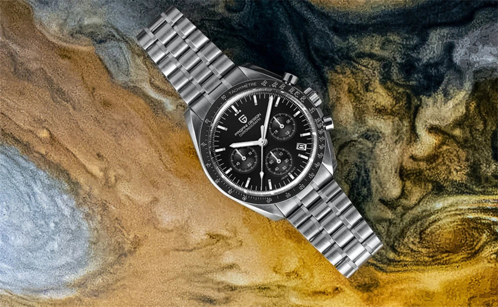 PAGANI DESIGN herenhorloge „New Moon“ – Luxe quartzhorloge, chronograaf, saffierglas met antireflectiebehandeling, keramische lunette, lichtgevende wijzers