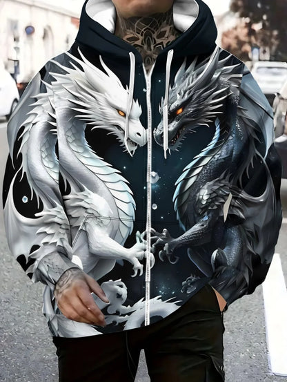 Sweatshirt com capuz e fecho de correr para homem, com estampado de dragão, cordão ajustável, manga comprida, corte oversize, para atividades ao ar livre e viagens, outono/inverno
