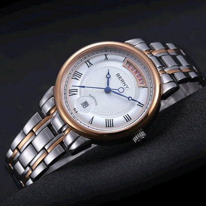 Montre à quartz pour homme BERNY, équipée d'un mouvement Miyota VJ55, modèle de luxe de haute qualité avec affichage du jour, boîtier en acier inoxydable, verre saphir et étanchéité.