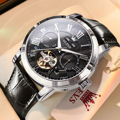 Montre homme OLEVS 6668, marque de renom, tendance et mécanique automatique, bracelet en cuir, étanche et lumineuse.