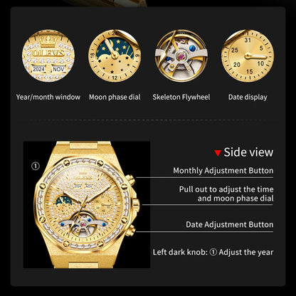 OLEVS Gold Steel Men's Watches Top Brand Automatic Mechanical Luxury Watch Sport Waterproof Tourbillon Wrist Watch Reloj Hombre
