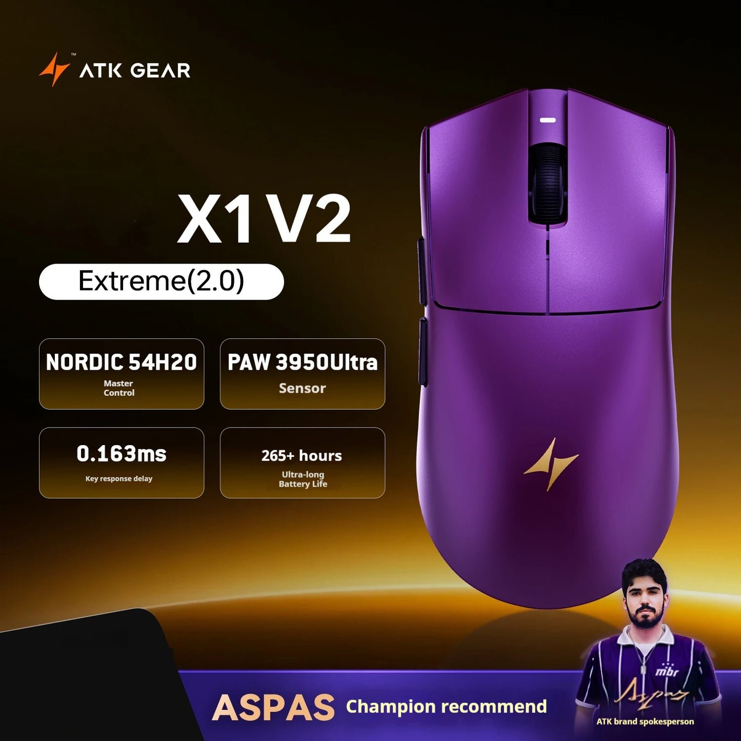 Mouse gaming wireless ATK X1 V2 Ultimate 2.0 Paw3950 Ultra, 54g, ușor, 750ips, latență redusă 0.163ms, 650ips, accesoriu nou, cadou