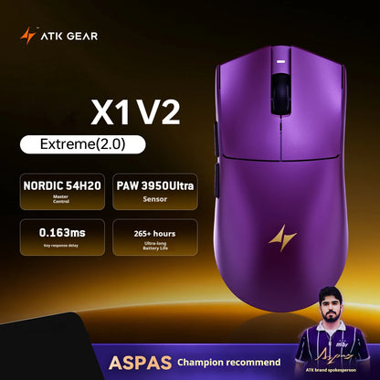 Mouse gaming wireless ATK X1 V2 Ultimate 2.0 Paw3950 Ultra, 54g, ușor, 750ips, latență redusă 0.163ms, 650ips, accesoriu nou, cadou