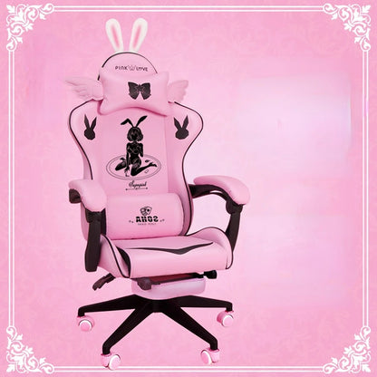 Pink Gaming Chair for Girls with Footrest, Ergonomic Swivel Gaming Chair, Adjustable Office Computer Chair, Cute Cartoon Gamer Chair