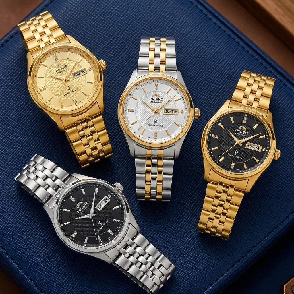 Orient automatisch mechanisch herenhorloge, met dubbele kalender (datum en dag van de week), kristallen indexen en roestvrijstalen armband – Polshorloge in professionele stijl
