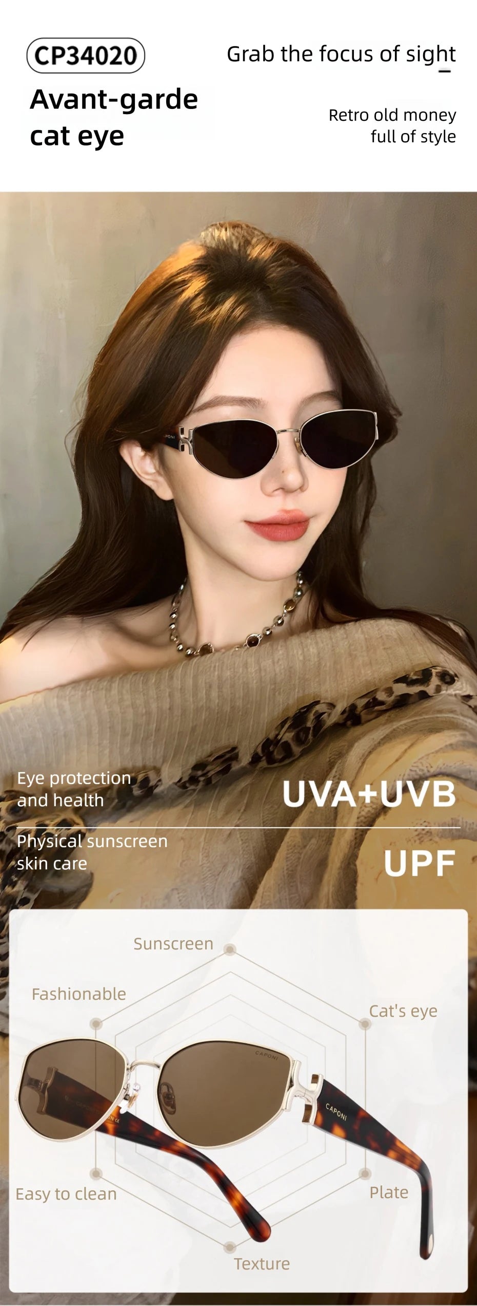 CAPONI Luxury Women Polarized Sunglasses Vintage Acetate Outdoor Original Design Eyewear UV400 Protection Brown Shade CP34020