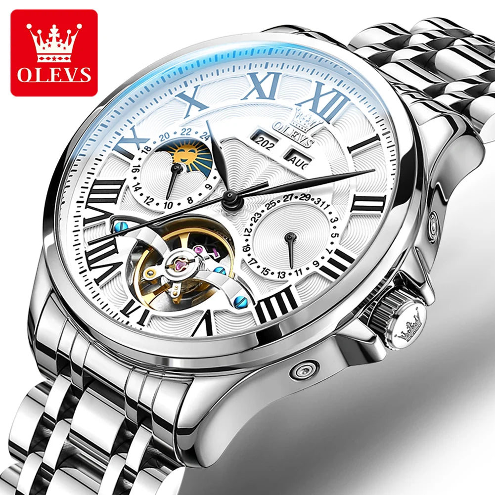 OLEVS 7013 Men's Watch Fashion Moon Phase Mechanical Watch For Men Waterproof Roman Scale Hollow Flywheel Automatic Hand Clock
