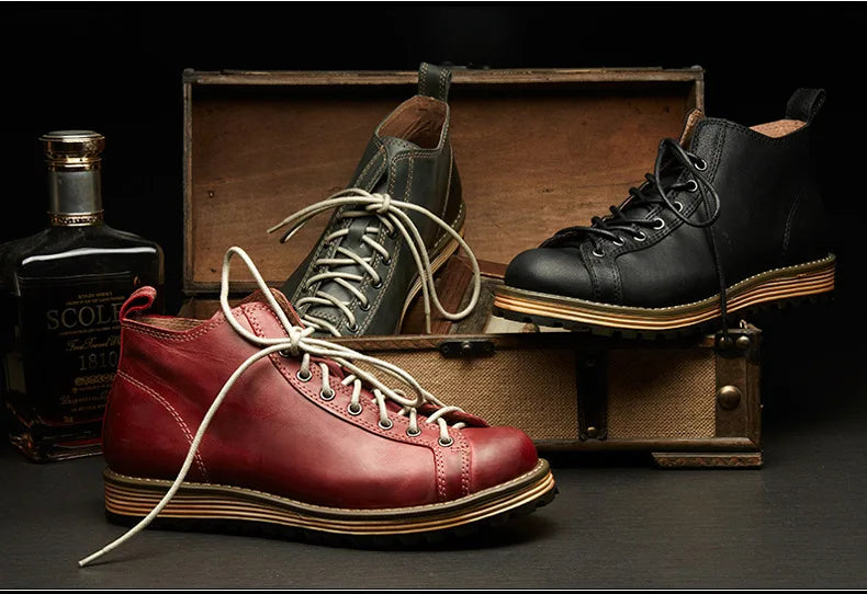 KOWM cowhide Hiking shoes men's walking boot British trekking shoes thick soled cowhide high top motorcycle boots ankle sneakers