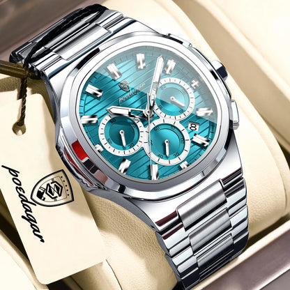 POEDAGAR Men’s Luxury Stainless Steel Quartz Watch  Waterproof Chronograph with Luminous Dial & Date