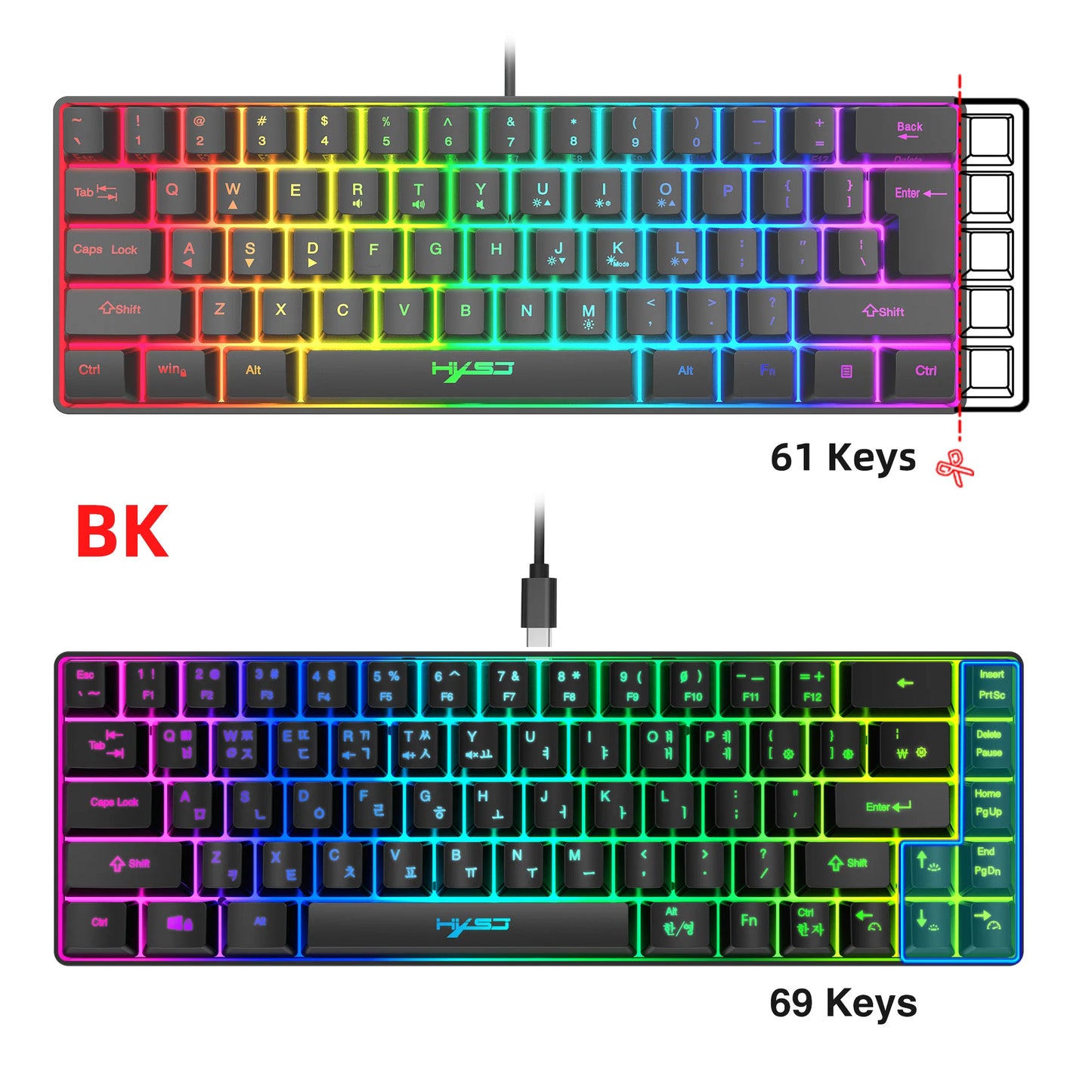 Tragbare HXSJ V200 68-Tasten-Gaming-Tastatur mit koreanischem Layout, 65%, kabelgebundene Office-Membrantastatur mit RGB-Hintergrundbeleuchtung für Desktop-PCs und Laptops