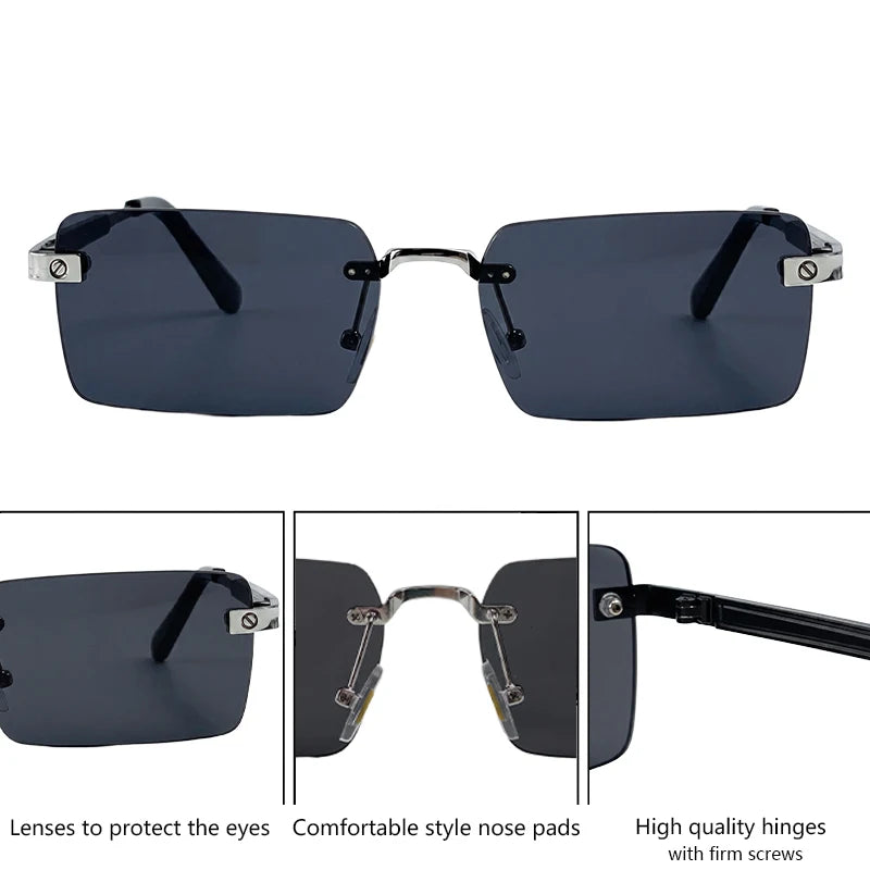 Vintage Rimless Rectangle Sunglasses Men 2026 Luxury Brand Designer Square Metal Frame Sun Glasses Hip Hop Y2K Fashion Eyewear