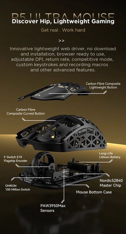 ATTACK SHARK R5 Ultra trådløs gamingmus i kulfiber, PixArt PAW3950MAX-gamingsensor, 42000DPI, 8000Hz, MCU Nordic 52840