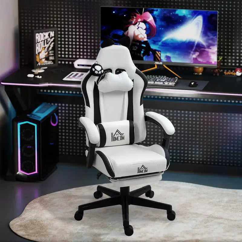 Cute Cat Gaming Chair with Removable Cat Ears, Retractable Footrest, Adjustable Height, Lumbar Support, 360° Swivel Reclining Gamer Chair