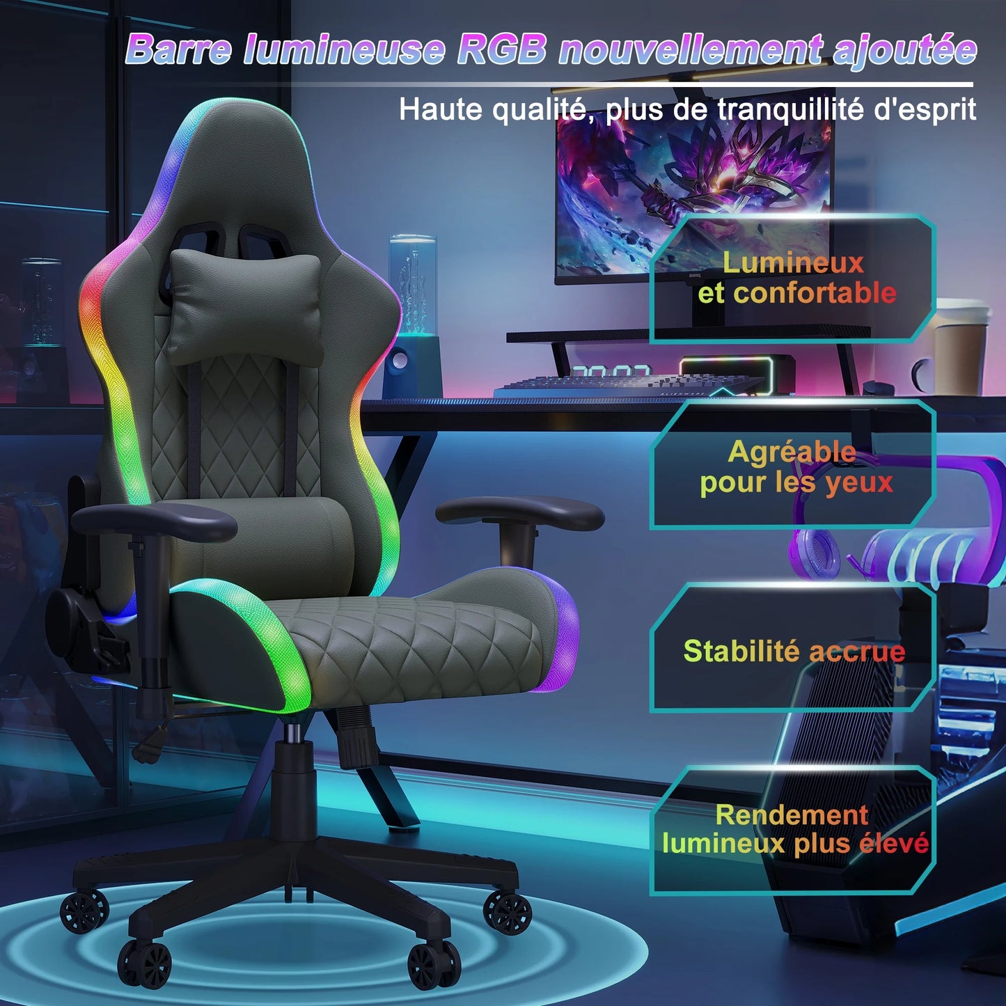 Ergonomic Gaming Chair with LED RGB Lights, Adjustable Gamer Chair with Lumbar Massage Support, Reclining Computer Chair for Teens & Adults