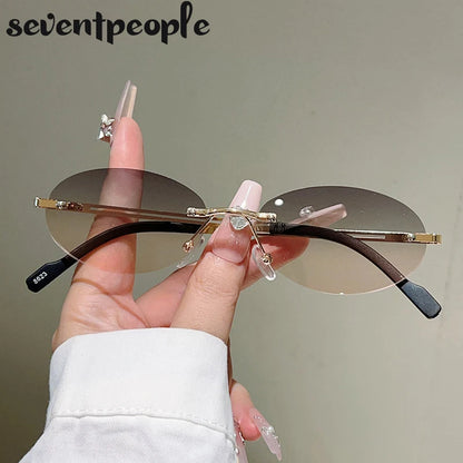 Rimless Oval Sunglasses Women 2026 Luxury Brand Vintage Small Frame Gold Metal Gradient Lens Y2K Punk Streetwear Fashion Eyewear