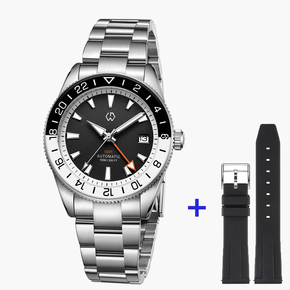 WISHDOIT New NH34 Men's Sports Automatic Mechanical GMT Sapphire Stainless Steel Waterproof 15 ATM With Rubber Strap
