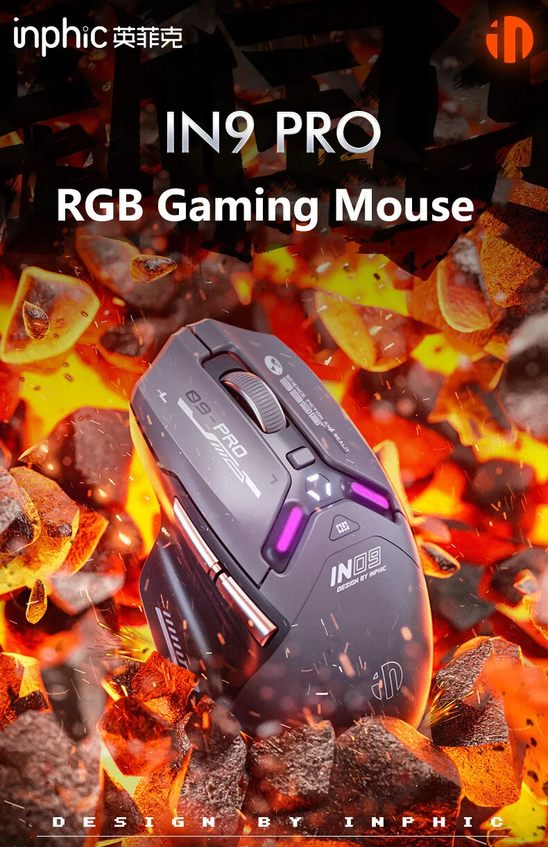 Inphic IN9PRO Wireless Gaming Mouse 26000DPI 8K Polling Rate Bluetooth 5.0 Wired 2.4G Tri-mode RGB Ergonomic Gaming Mouse