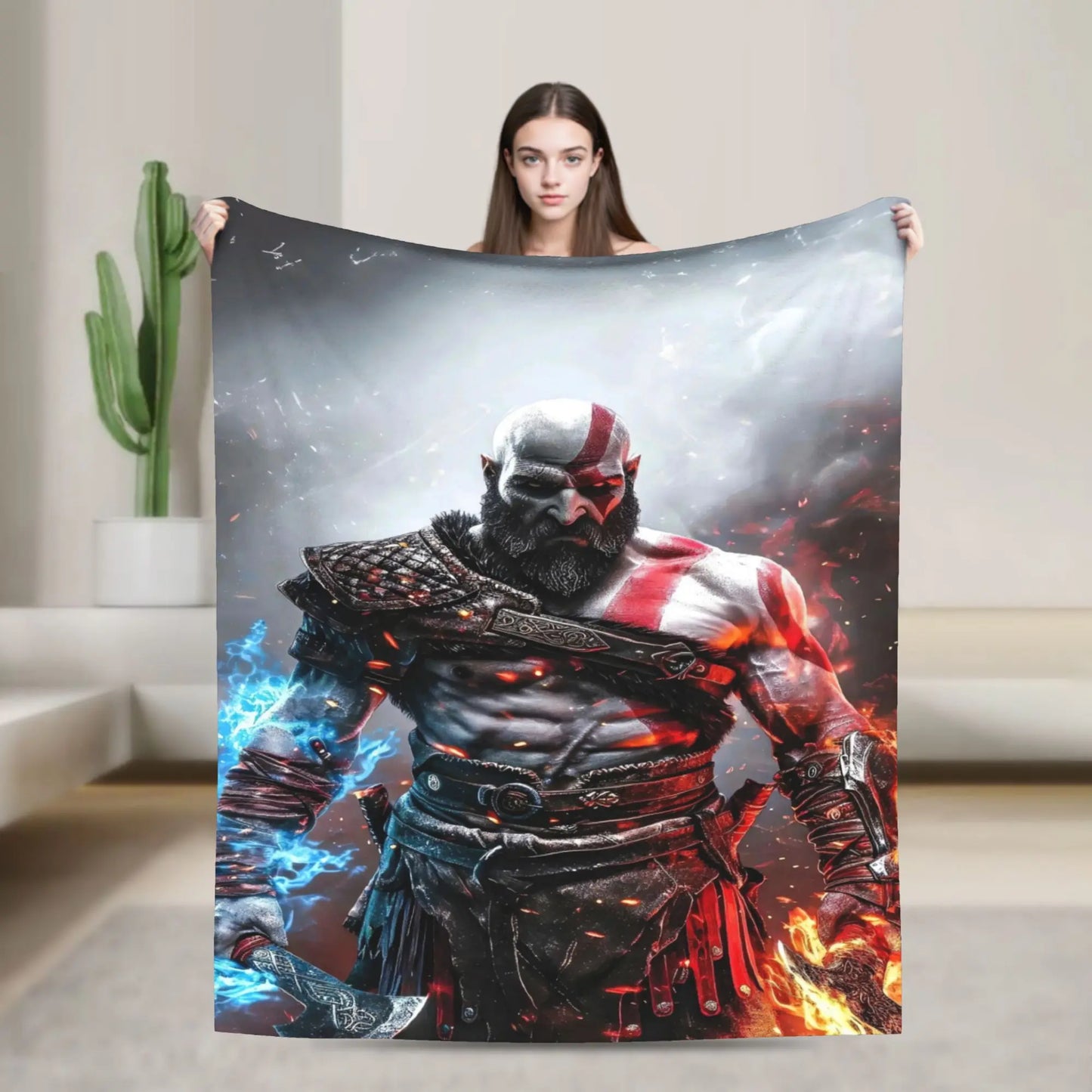 God of War Games Kratos Cartoon Blanket Warm Soft Pattern Plush Throw Blanket For Couch Chair Sofa Bed Bedspread Bed Cover