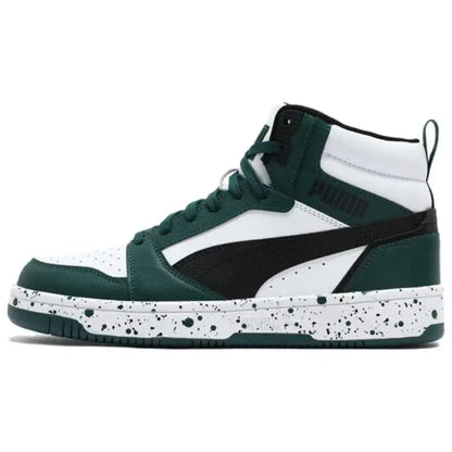 Baskets basses Puma Rebound V6, modèle rétro, couleur blanc et vert, 400849-01.