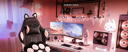 Chaise de jeu pour adultes, chaise d'ordinateur ergonomique inclinable avec support lombaire et appui-tête, lumières LED RGB, design oreilles de chat