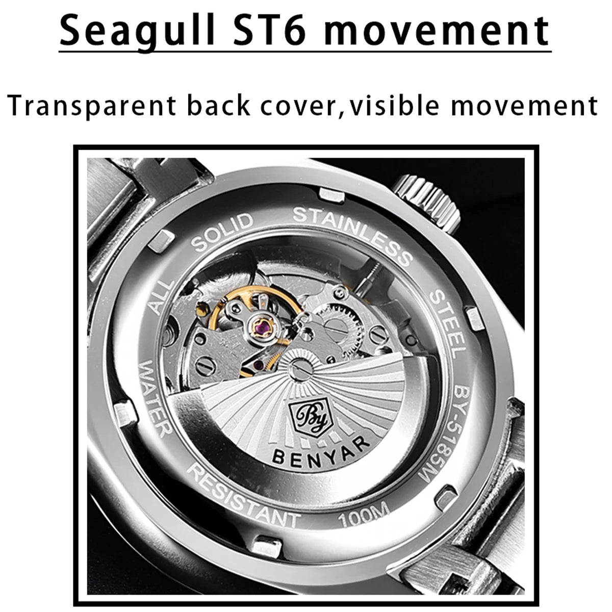 BENYAR New BY-5185M Luxury Automatic Watch 10Bar Waterproof Stainless Steel Men's Mechanical Watch Men's Sports Watch