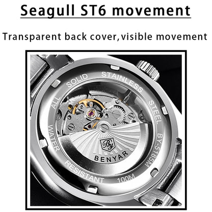 BENYAR New BY-5185M Luxury Automatic Watch 10Bar Waterproof Stainless Steel Men's Mechanical Watch Men's Sports Watch