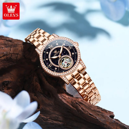 OLEVS Women’s Luxury Automatic Skeleton Watch  Starry Sky Stainless Steel Mechanical Wristwatch
