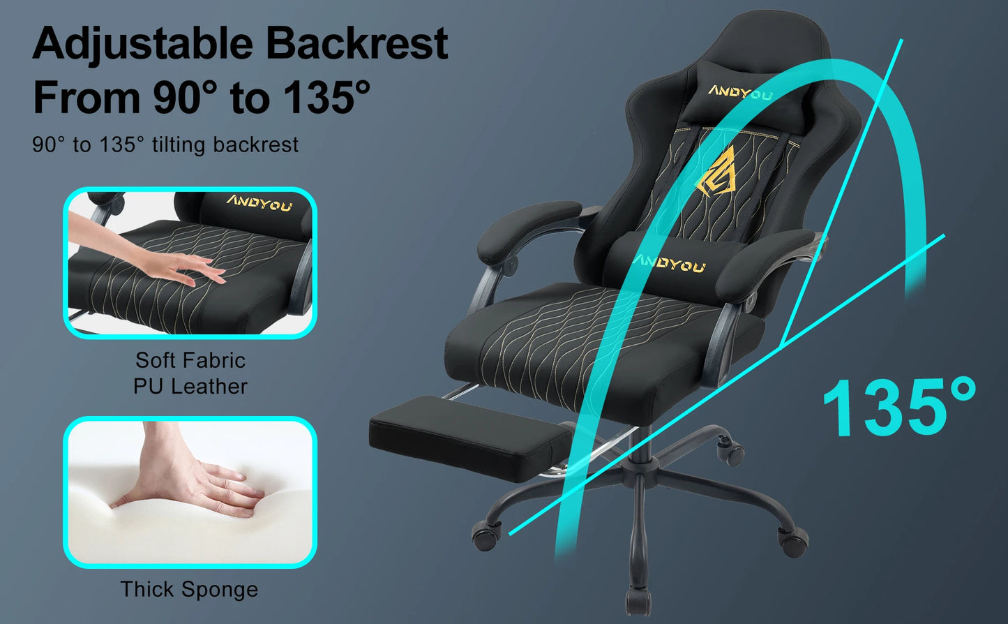 Andyou Ergonomic Gaming Chair - Swivel Reclining Gaming Chair, PU Leather Upholstery, Weight Capacity 150kg