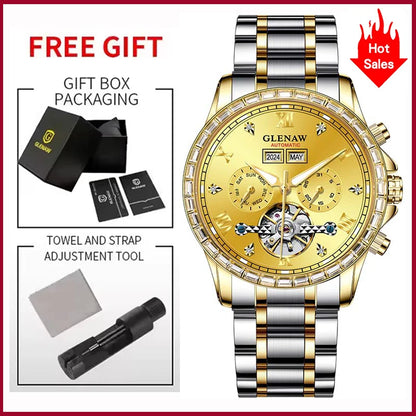 Montre mécanique multifonction GLENAW – Modèle pour homme, style business et décontracté, bracelet en acier inoxydable, étanche, avec calendrier – Montre de luxe
