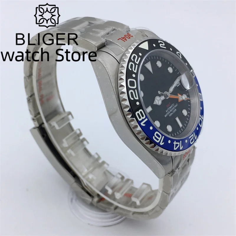 BLIGER 40mm NH34 GMT Watch For Men Mechanical Wristwatch Luminous Bezel Sapphire Glass Stainless Steel Bracelet Reloj Hombre