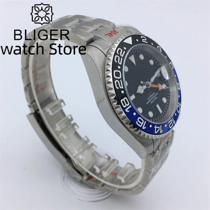BLIGER 40mm NH34 GMT Watch For Men Mechanical Wristwatch Luminous Bezel Sapphire Glass Stainless Steel Bracelet Reloj Hombre