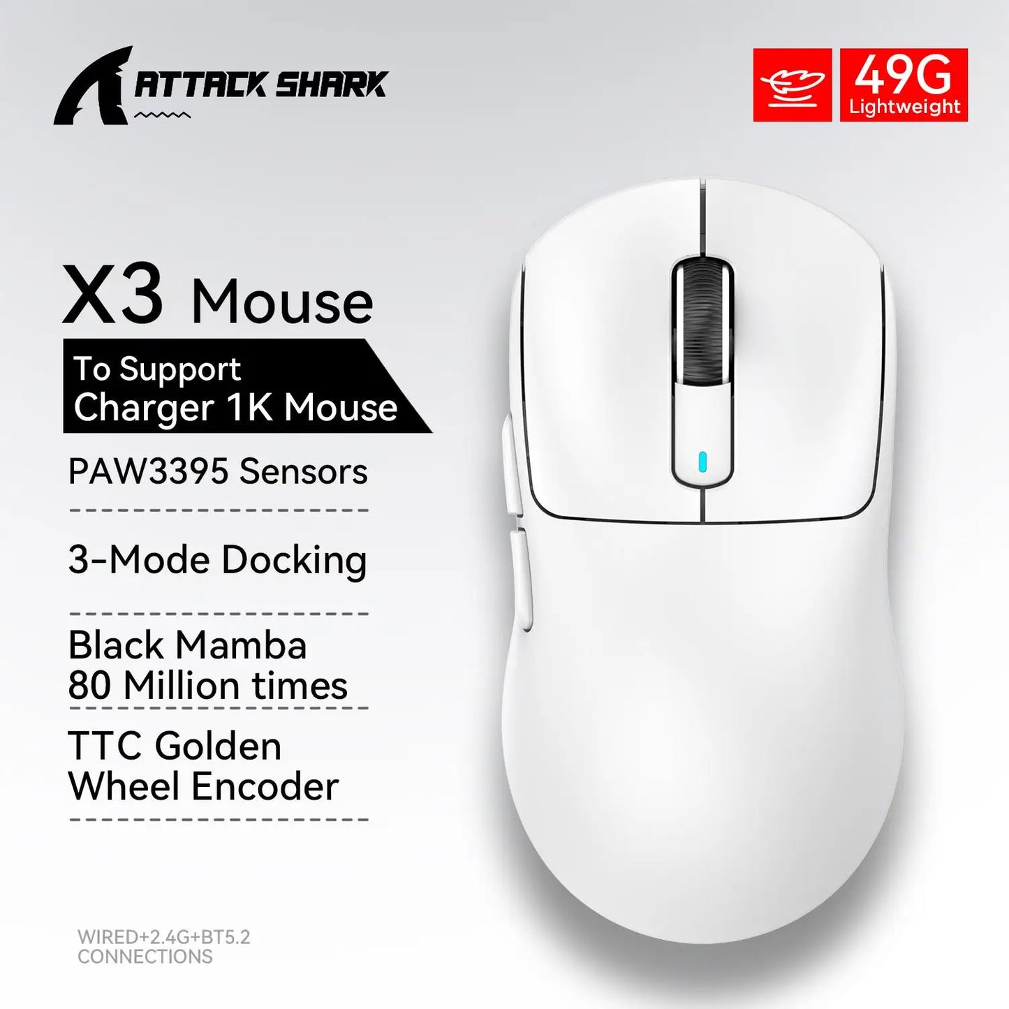 X3 Gaming Mouse Wireless ATTACK SHARK Rot 4K Rückläufe, Bluetooth-Tri-Mode-Verbindung, PAW3395, Makro-Bluetooth-Gaming-Maus
