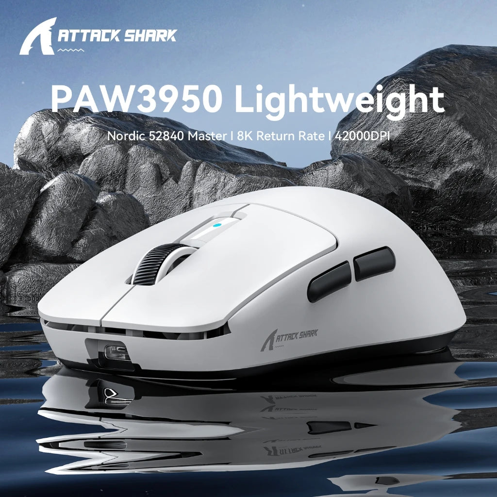 Attack Shark R6 žaidimų pelė, 38g itin lengva, belaidė su PAW3950 8K apklausos dažniu, Nordic 52840, 24000DPI, trijų režimų