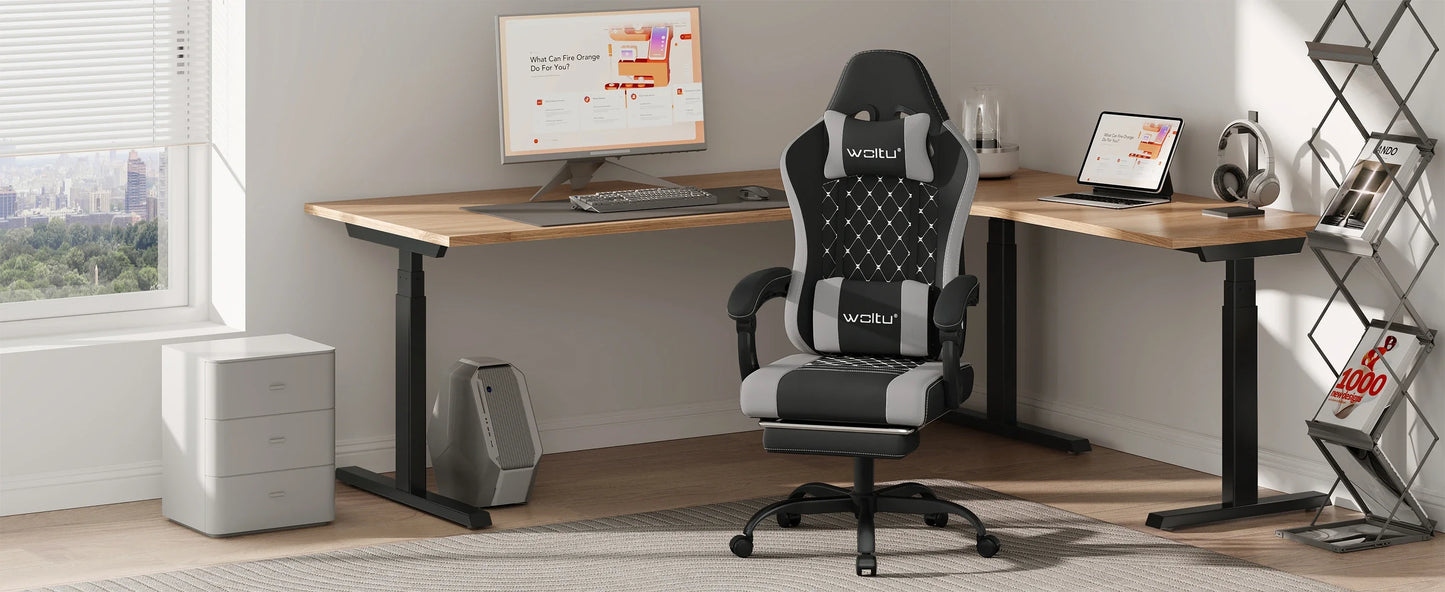 Fotel komputerowy obrotowy WOLTU z funkcją masażu, ergonomiczny fotel biurowy z poduszką i podnóżkiem, gamingowy fotel z regulacją wysokości