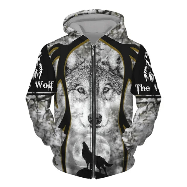 New 3D Wolf Print Men's Hooded Sweatshirt Street Punk Style Zip-up Jumper Oversized Jacket Coat Stylish Vintage Clothes Zip Coat