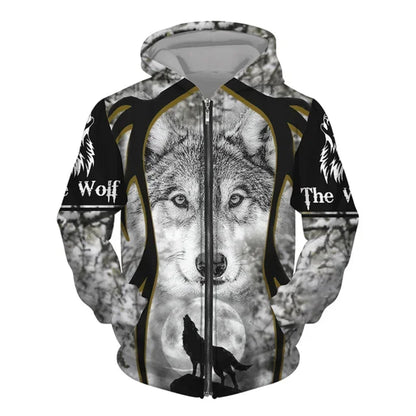 New 3D Wolf Print Men's Hooded Sweatshirt Street Punk Style Zip-up Jumper Oversized Jacket Coat Stylish Vintage Clothes Zip Coat
