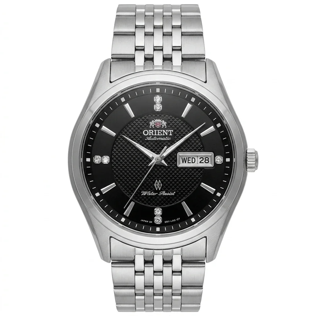 Orient automatisch mechanisch herenhorloge, met dubbele kalender (datum en dag van de week), kristallen indexen en roestvrijstalen armband – Polshorloge in professionele stijl
