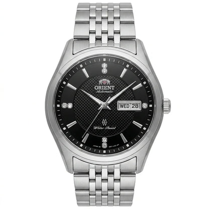 Orient automatisch mechanisch herenhorloge, met dubbele kalender (datum en dag van de week), kristallen indexen en roestvrijstalen armband – Polshorloge in professionele stijl