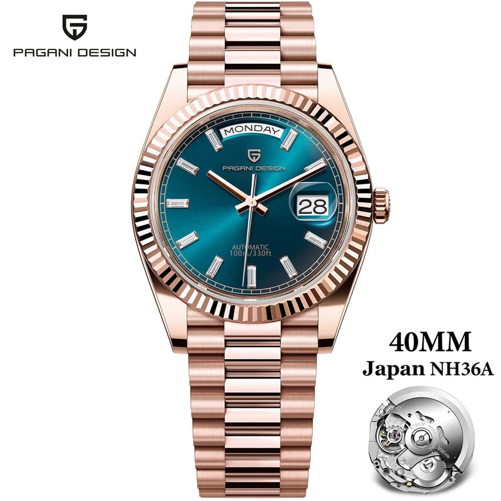 Montre PAGANI DESIGN DD40 pour homme – Modèle en or rose, montre-bracelet mécanique de luxe, mouvement automatique, verre saphir avec traitement antireflet, étanche