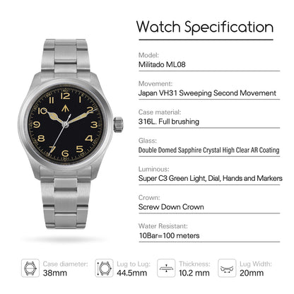 Militado ML08 Quartz Watch Ronda 515/VH31 Movement Domed Sapphire Wristwatch BGW9 Luminous 10Bar Waterproof 38mm Vintage Watches