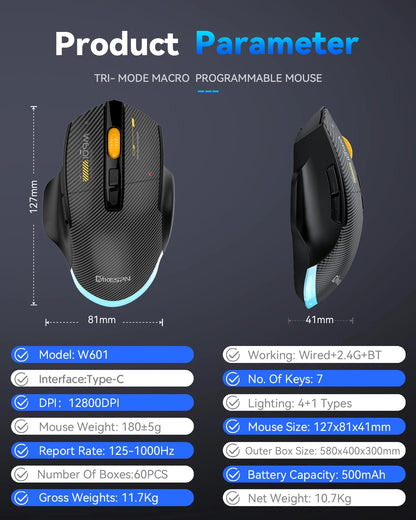 12800DPI 2.4G Wireless Bluetooth Wired Tri-mode Mouse Mute Button Macro Programming Carbon Fiber Gaming Mouse 500mAh 7 Keys