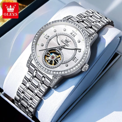 OLEVS Women’s Luxury Automatic Skeleton Watch  Starry Sky Stainless Steel Mechanical Wristwatch