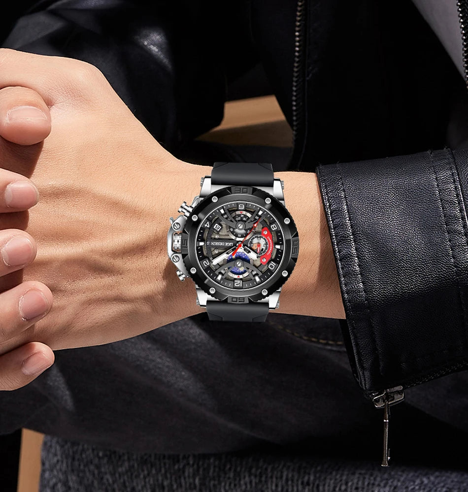 Montre pour homme LIGE Sports – Chronographe de luxe, bracelet en silicone, petits cadrans fonctionnels, mouvement à quartz, étanche et luminescente