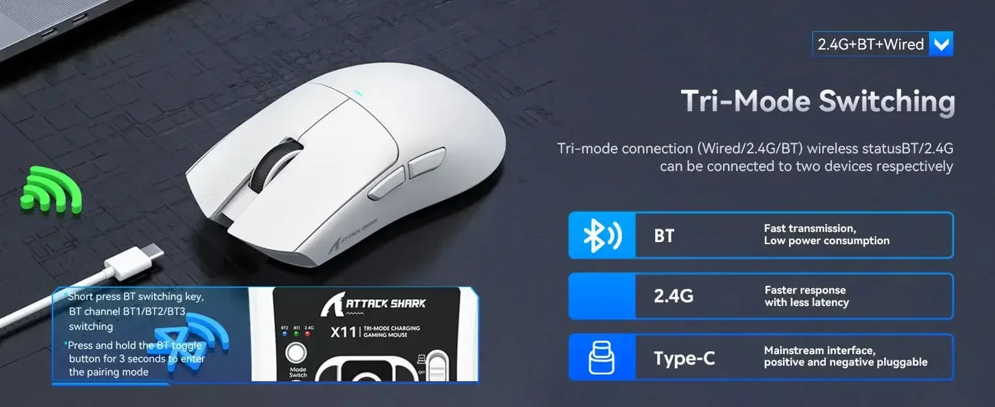 Rato Gaming Sem Fios Original ATTACK SHARK X11 com Dock de Carregamento, Sensor Gaming PixArt PAW3311, Ligação BT/2.4G Sem Fios/Com Fios