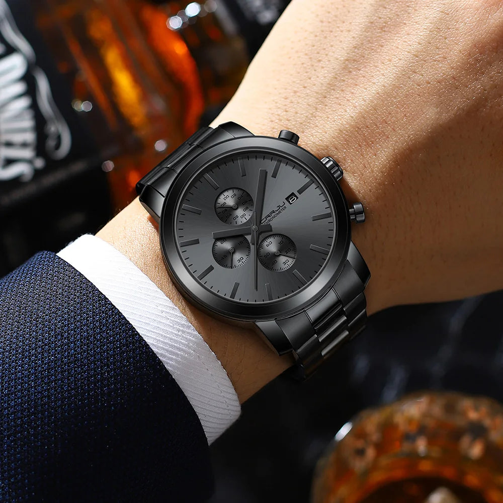Vyriškas laikrodis CRRJU – nerūdijančio plieno chronografas, atsparus vandeniui, su datos rodikliu, analoginis kvarcinis mechanizmas, elegantiškas ir profesionalus stilius