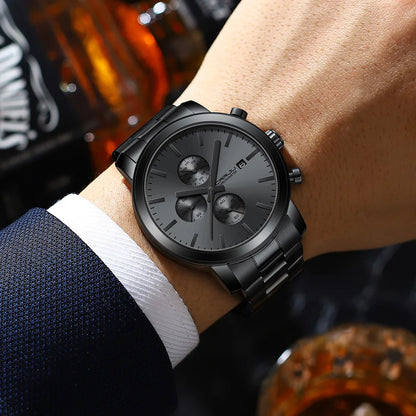 Vyriškas laikrodis CRRJU – nerūdijančio plieno chronografas, atsparus vandeniui, su datos rodikliu, analoginis kvarcinis mechanizmas, elegantiškas ir profesionalus stilius