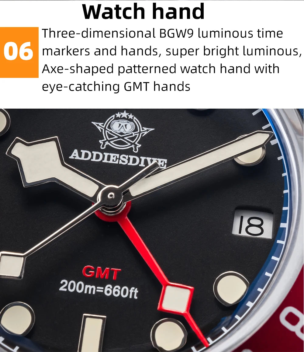 ADDIESDIVE Luxury GMT Men's Diving Watch 200m Waterproof Bubble Mirror Glass Quartz Watch BGW9 Blue Luminous Sports Watch AD2044