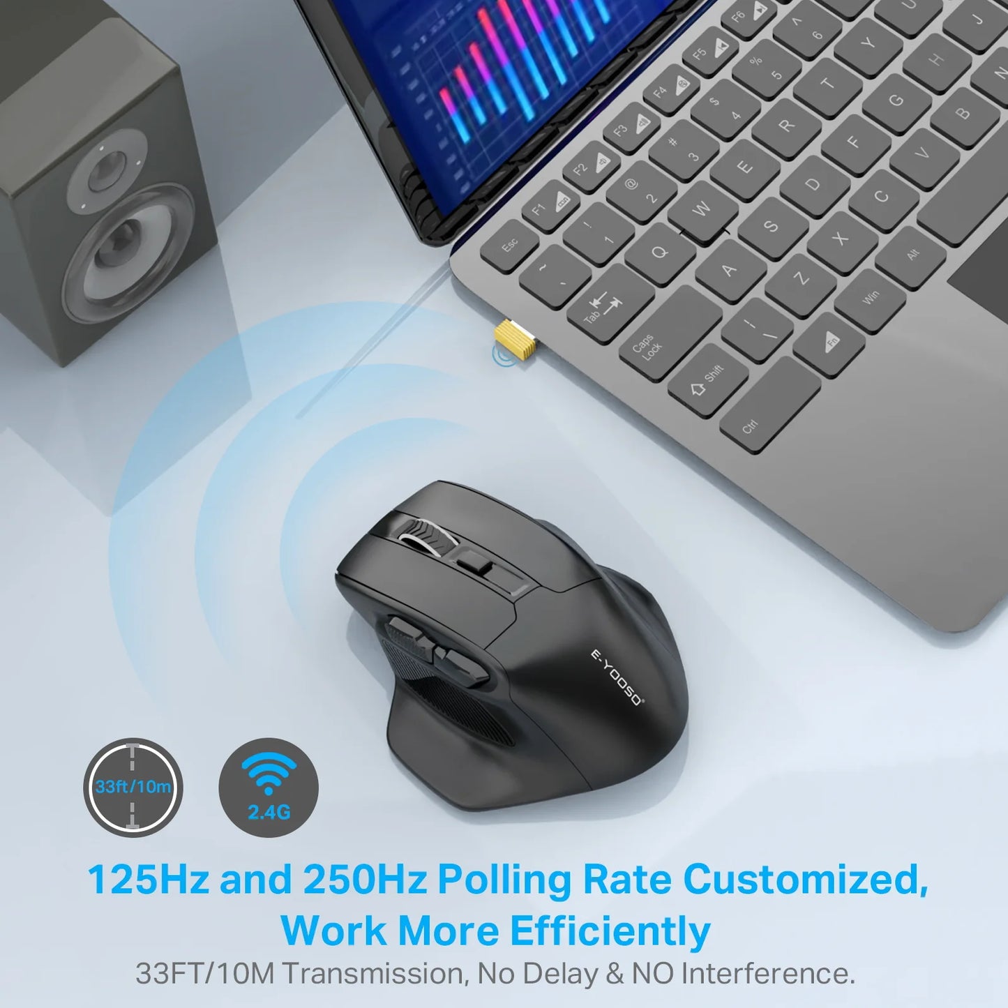 E-YOOSO 2.4G bezdrátová myš PAW3212 4800 DPI ergonomická myš herní myš kancelářská myš pro notebook PC, laptop a MacBook