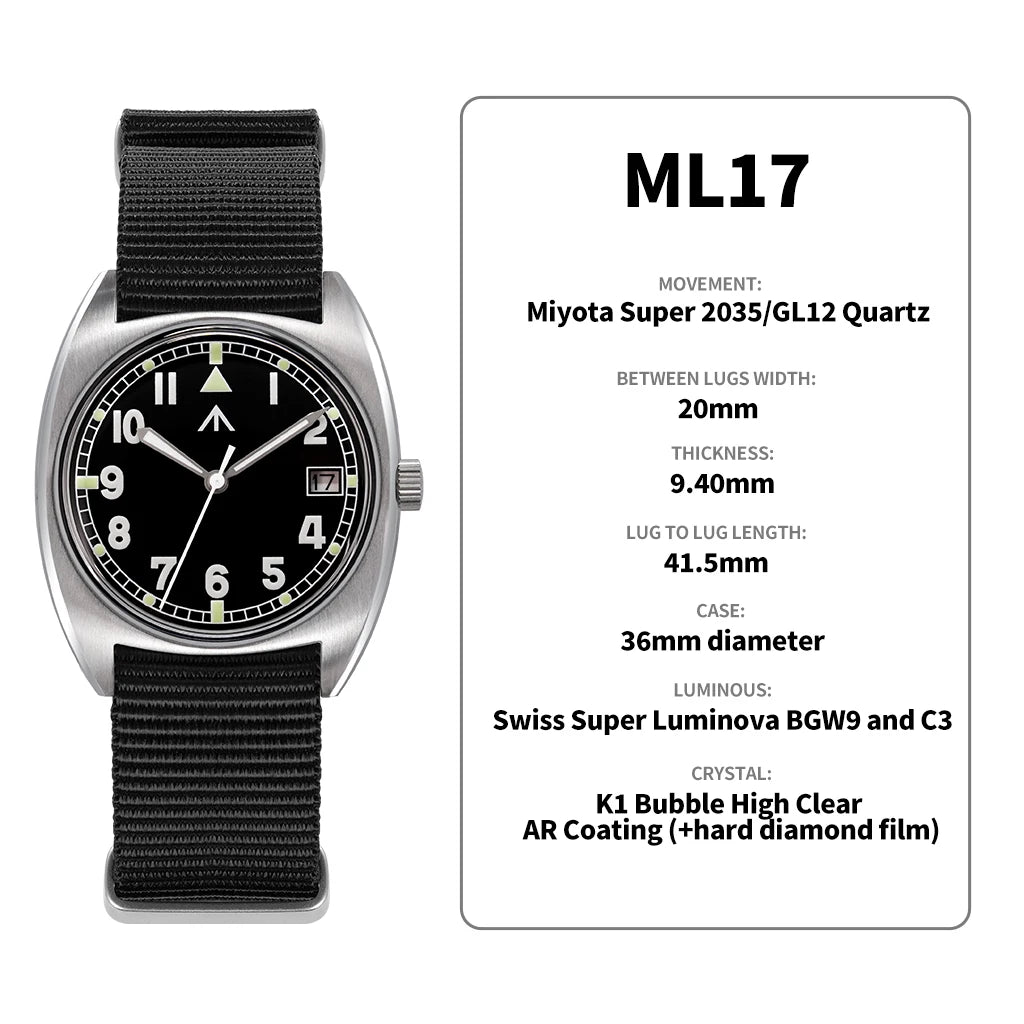 Relógio Militado ML17 Miyota Super 2035/ GL12 com movimento de quartzo, Luminova C3 e BGW9, 100m à prova de água, em aço inoxidável