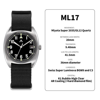 Relógio Militado ML17 Miyota Super 2035/ GL12 com movimento de quartzo, Luminova C3 e BGW9, 100m à prova de água, em aço inoxidável